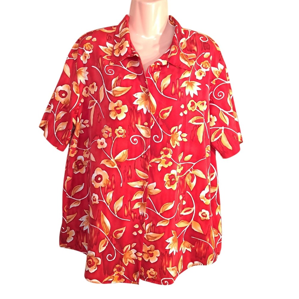 Christie & Jill Women's Collared Shirt Size L Red Tropical Floral Button Summer